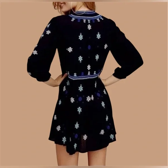 Free People Walking On A Dream Embroidered Mini Dress Black Boho Tunic Size M - Picture 2 of 13